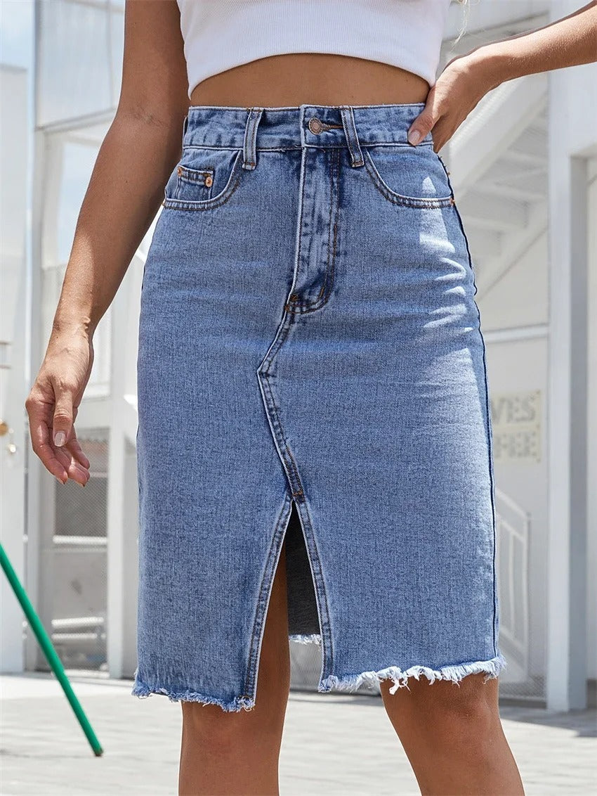 Dames midi-rok met split aan de voorkant van denim