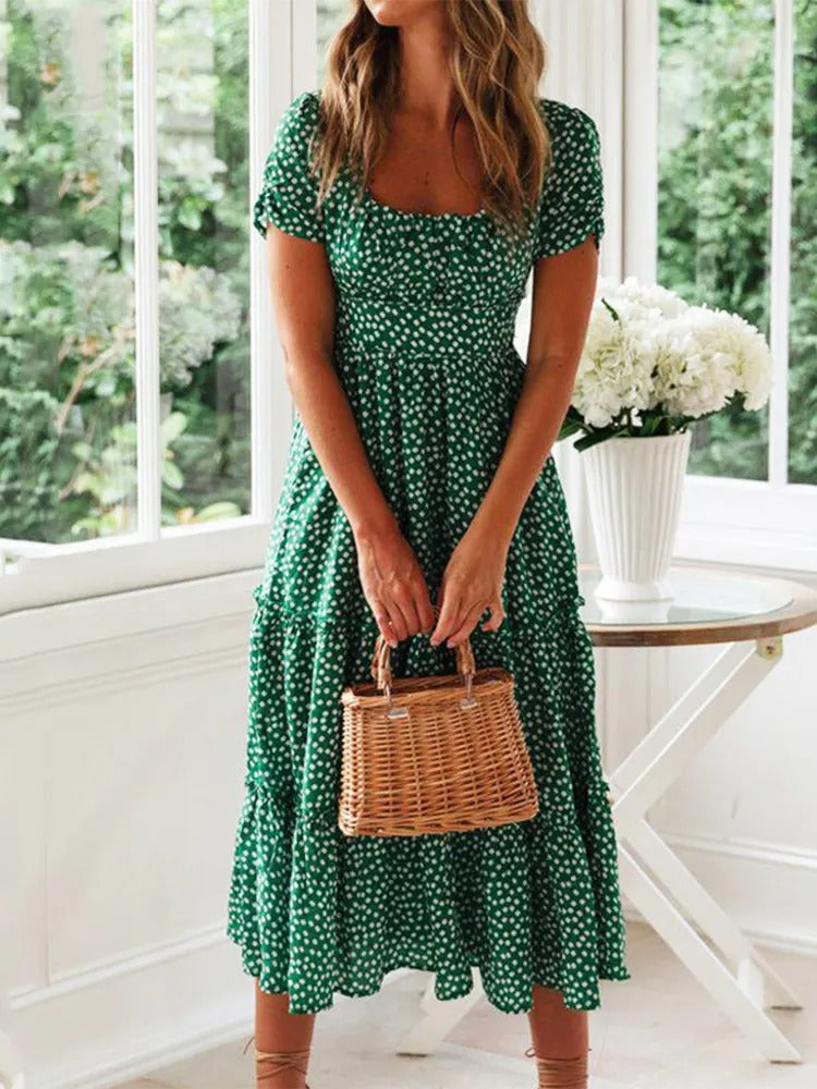 Dames Maxi Dress met Vierkante Hals en Bloemige Pofmouwen