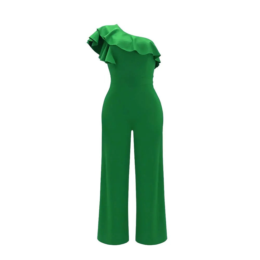 Dames jumpsuit met één schouder en ruches