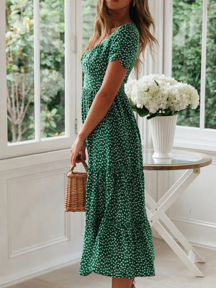 Dames Maxi Dress met Vierkante Hals en Bloemige Pofmouwen
