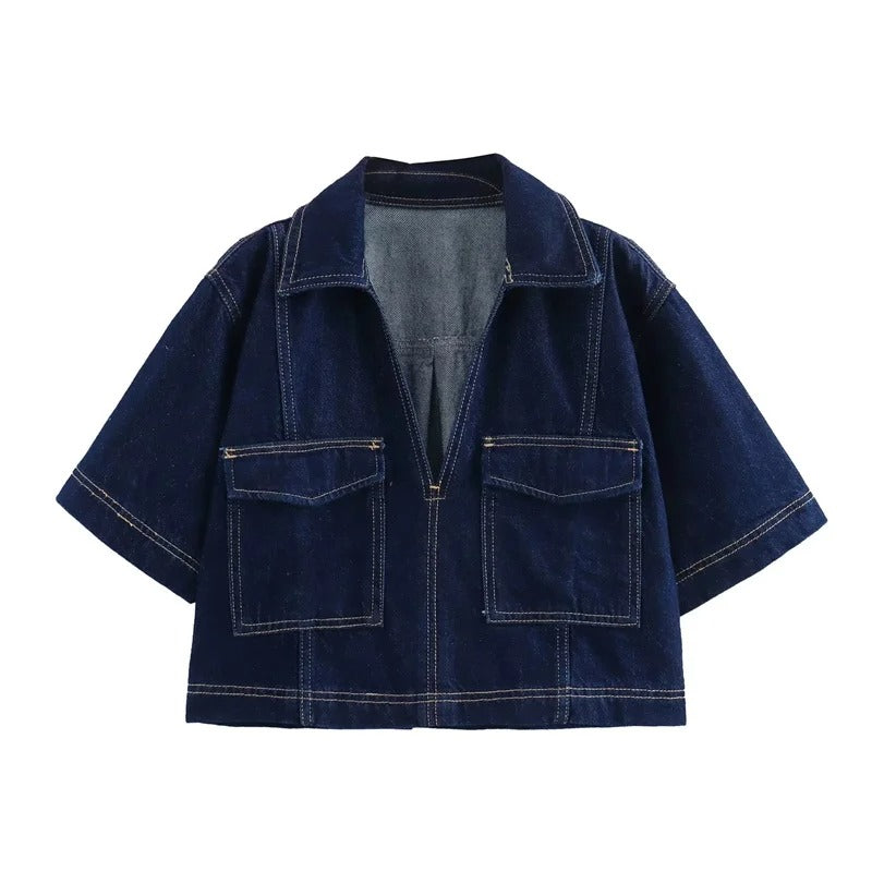 Dames Denim Rok & Korte Mouw Gecropt Shirt