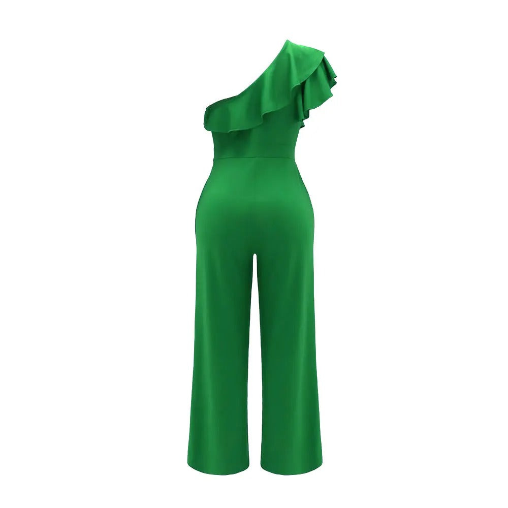 Dames jumpsuit met één schouder en ruches