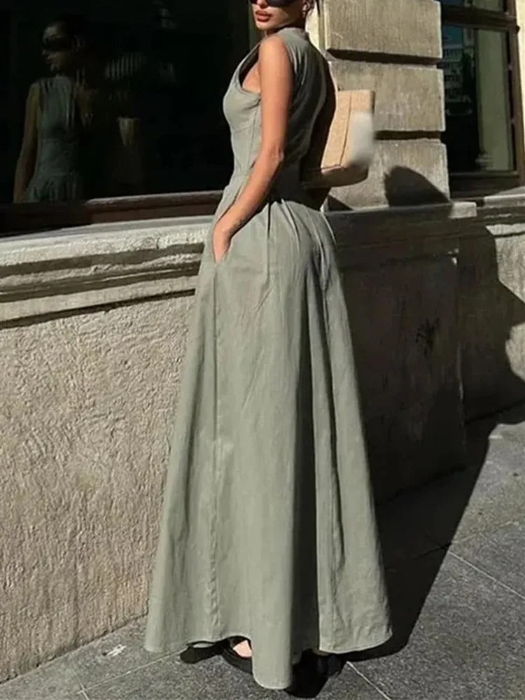 Vrouwen Mouwloze Ritssluiting Geplooide Bodycon Midi Dress