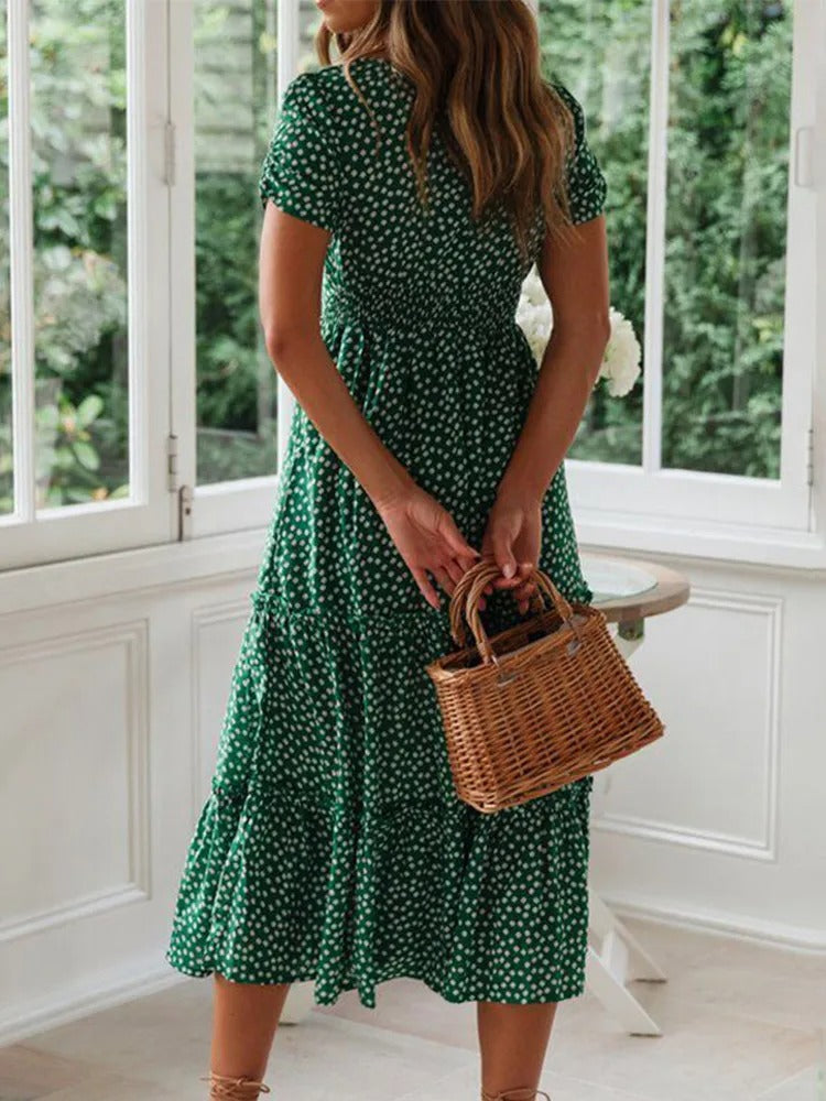 Dames Maxi Dress met Vierkante Hals en Bloemige Pofmouwen