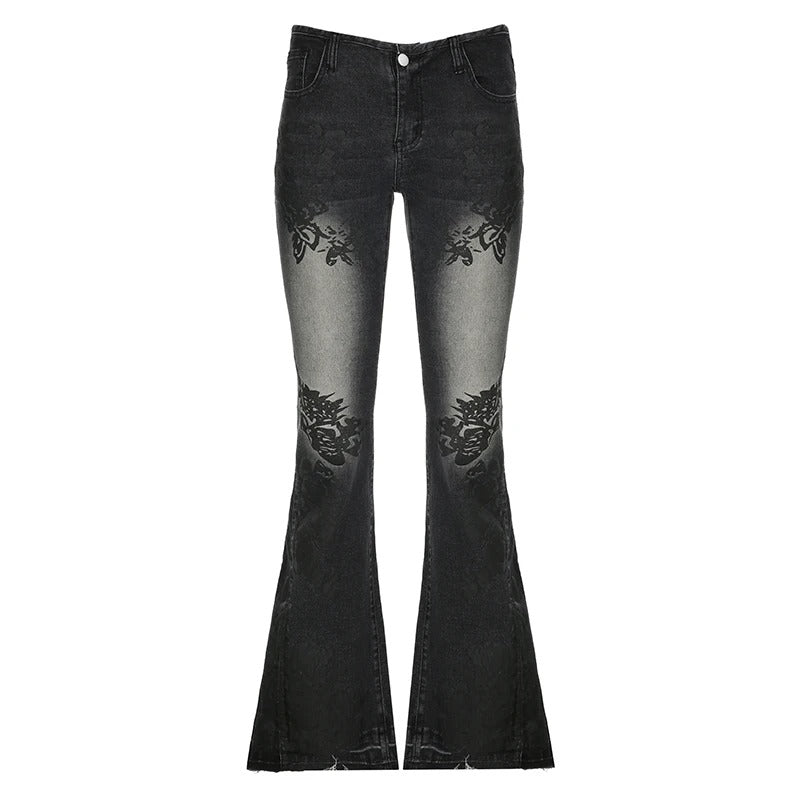 Denim broek met lage taille en bloemenprint