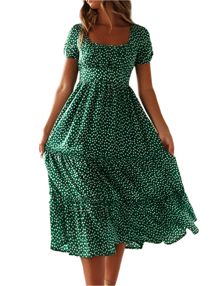 Dames Maxi Dress met Vierkante Hals en Bloemige Pofmouwen