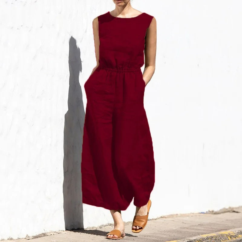 Dames katoenlinnen jumpsuit met hoge taille