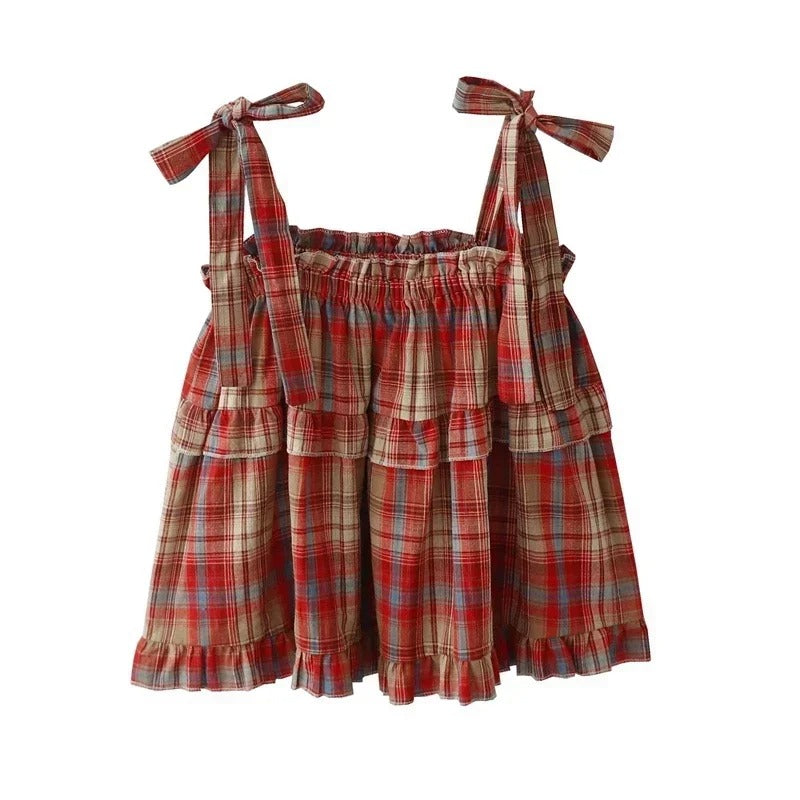 Dames geruite crop tanktop met vetersluiting