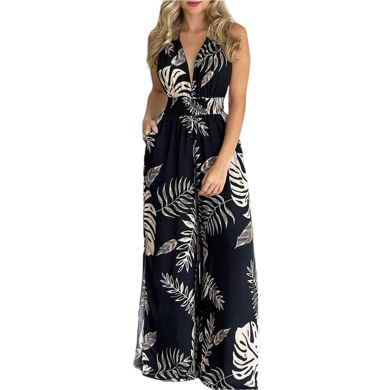 Kleurrijke jumpsuit met digitale print en V-hals