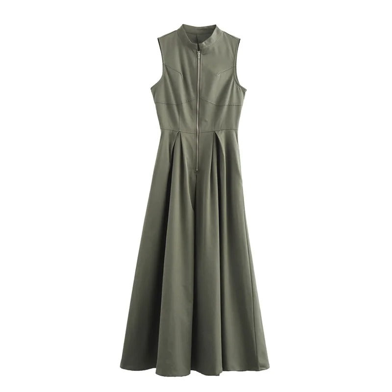 Vrouwen Mouwloze Ritssluiting Geplooide Bodycon Midi Dress