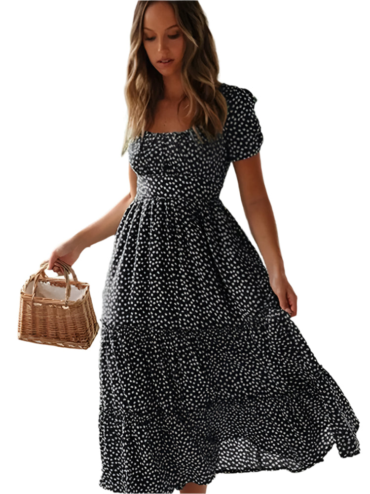 Dames Maxi Dress met Vierkante Hals en Bloemige Pofmouwen
