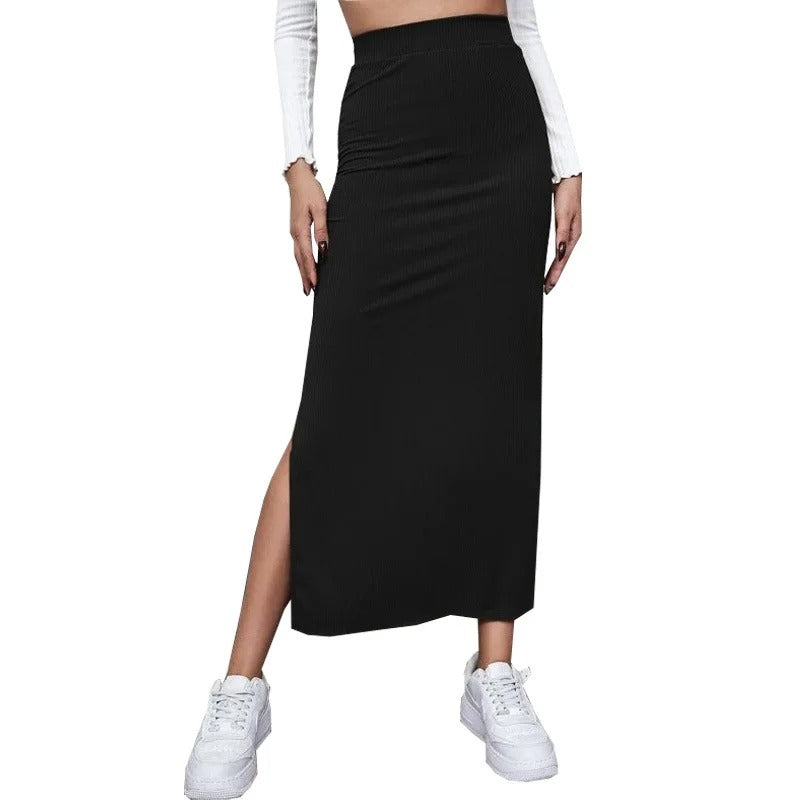 Dames hoge taille geribbelde splitrok