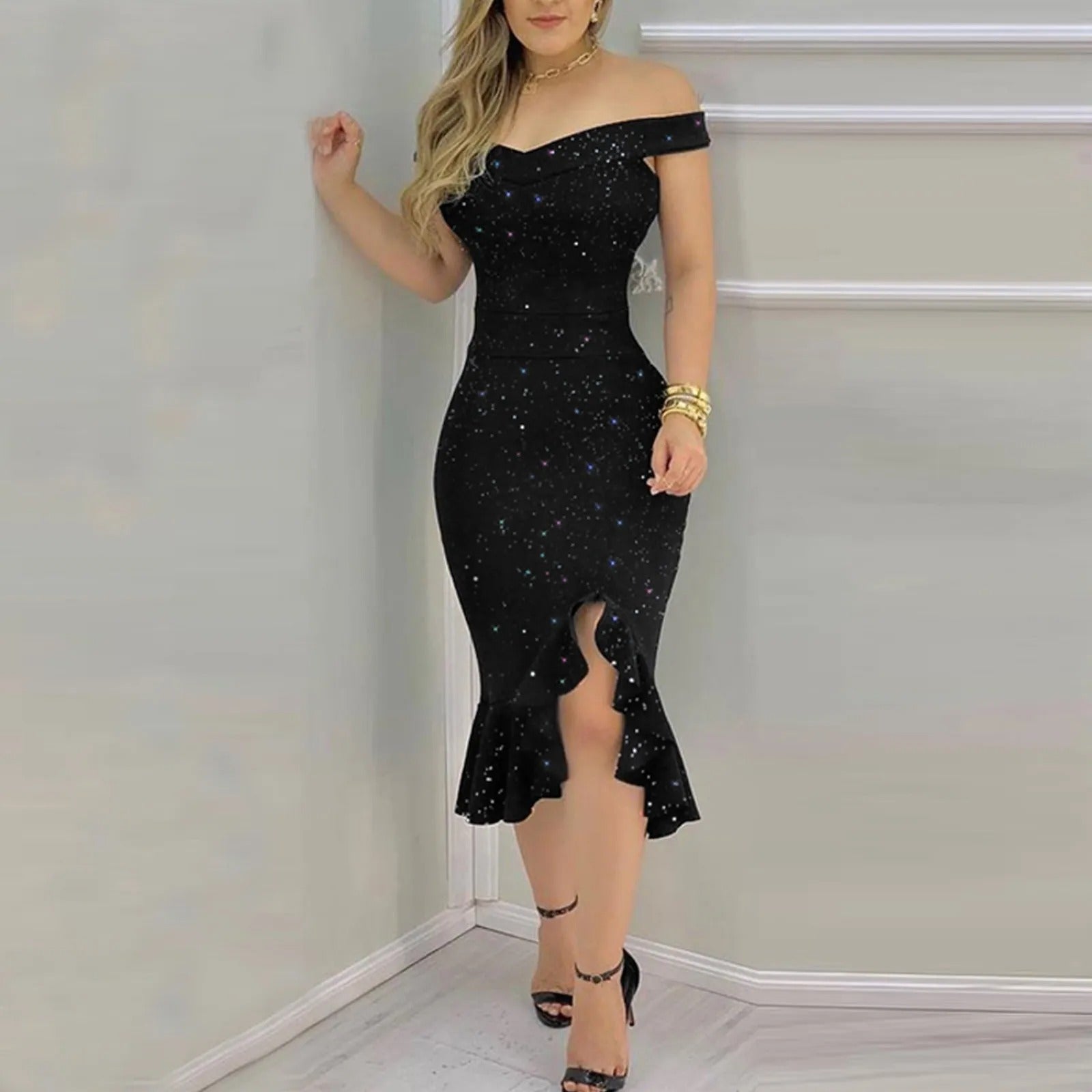 Off-shoulder jurk met pailletten en ruches van chiffon voor dames