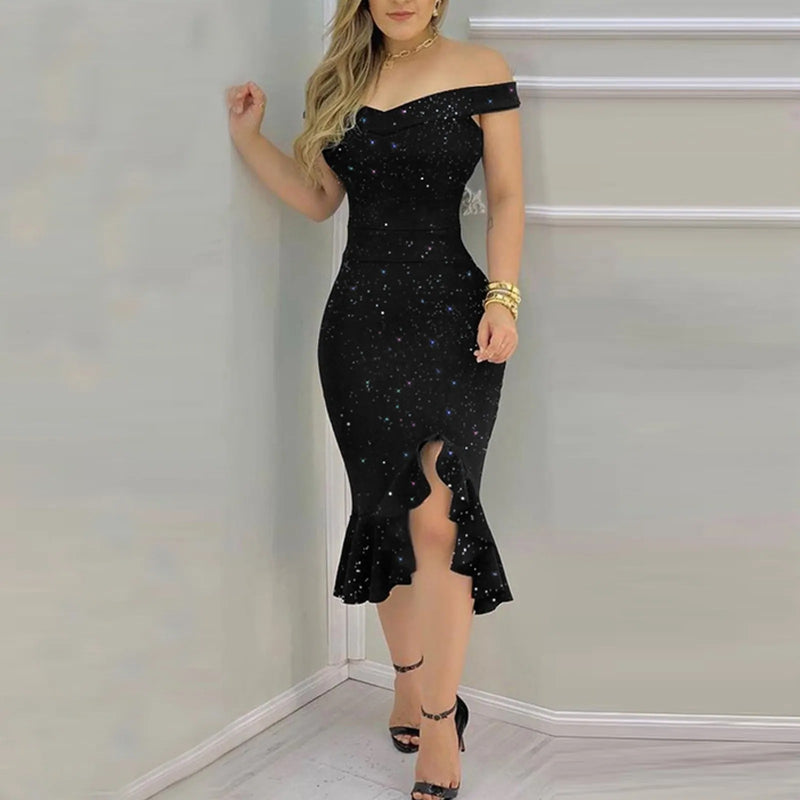 Off-shoulder jurk met pailletten en ruches van chiffon voor dames