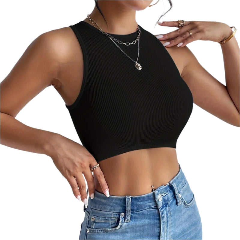 Dames ribgebreide mouwloze elastische crop top