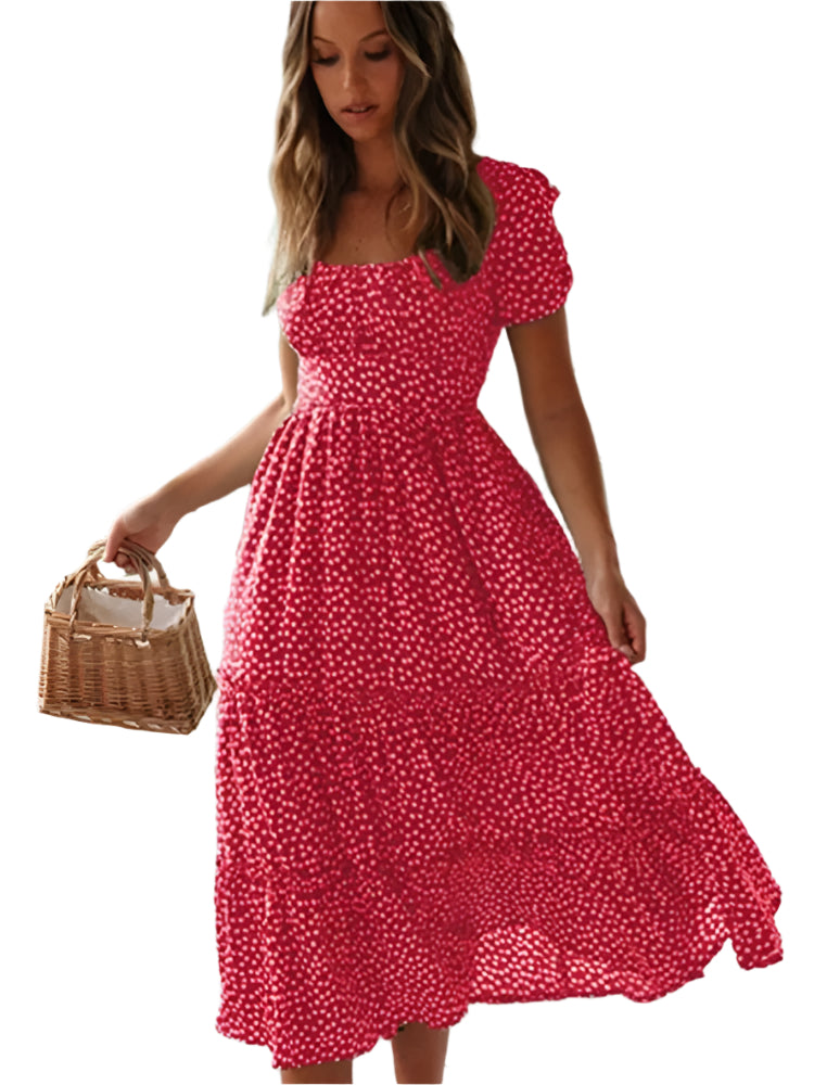 Dames Maxi Dress met Vierkante Hals en Bloemige Pofmouwen
