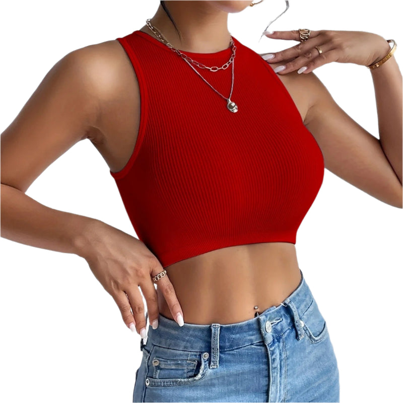 Dames ribgebreide mouwloze elastische crop top