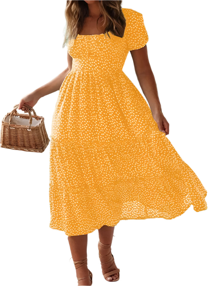 Dames Maxi Dress met Vierkante Hals en Bloemige Pofmouwen