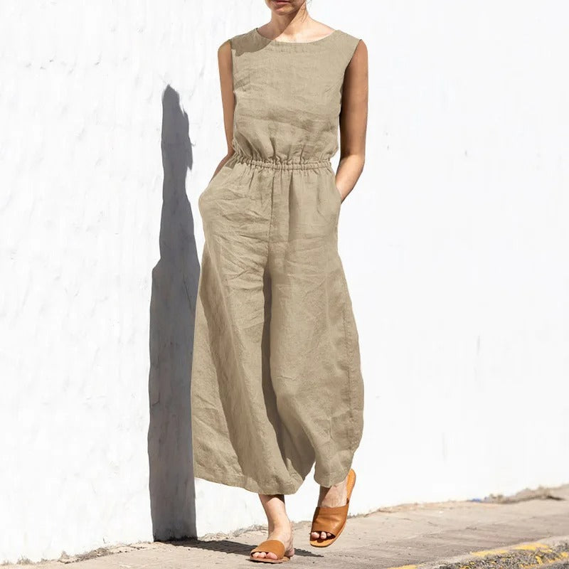 Dames katoenlinnen jumpsuit met hoge taille