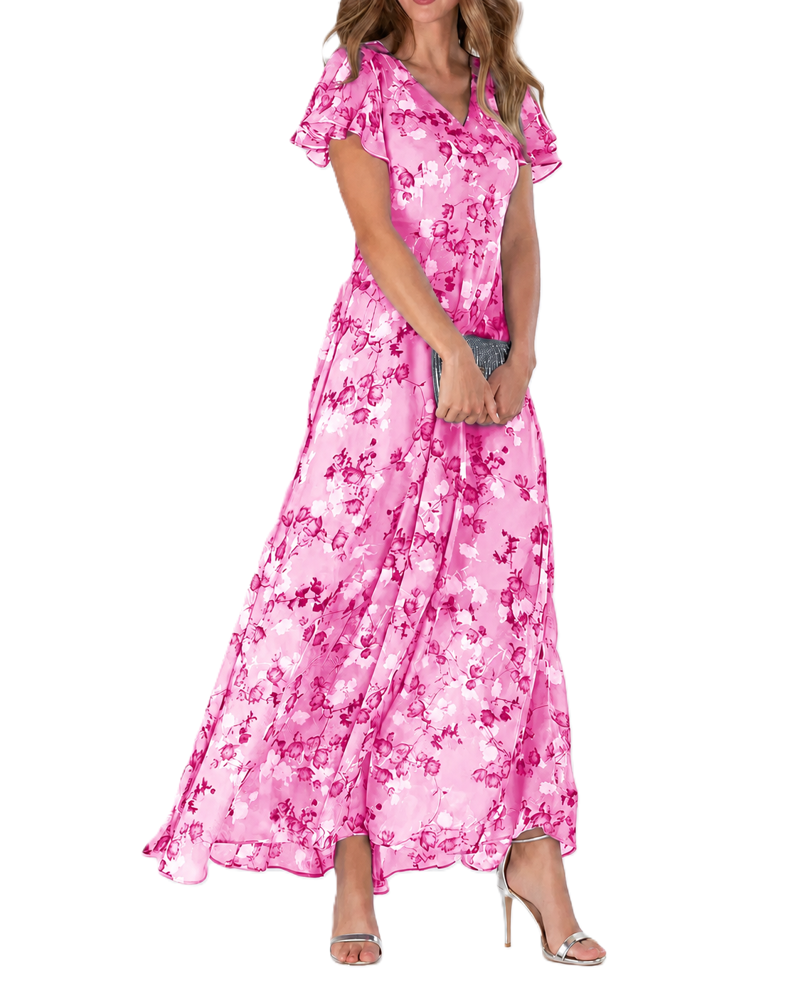 Vrouwen Maxi Jurk Bloemenprint V-Hals Korte Mouwen