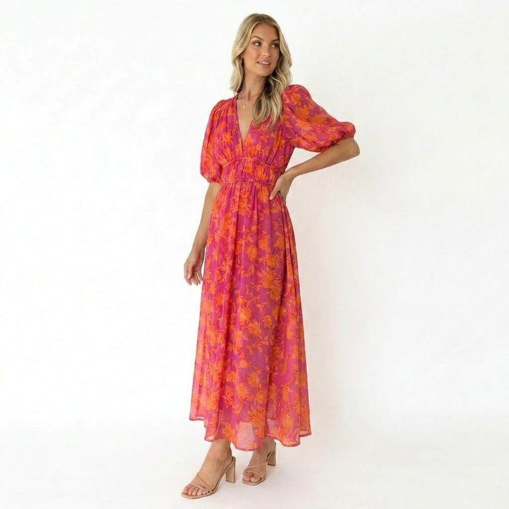 Vrouwen Maxi Jurk V-Hals Bloemenprint met Puff Mouwen