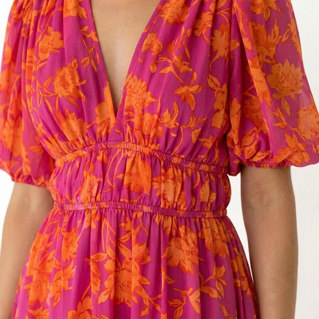 Vrouwen Maxi Jurk V-Hals Bloemenprint met Puff Mouwen
