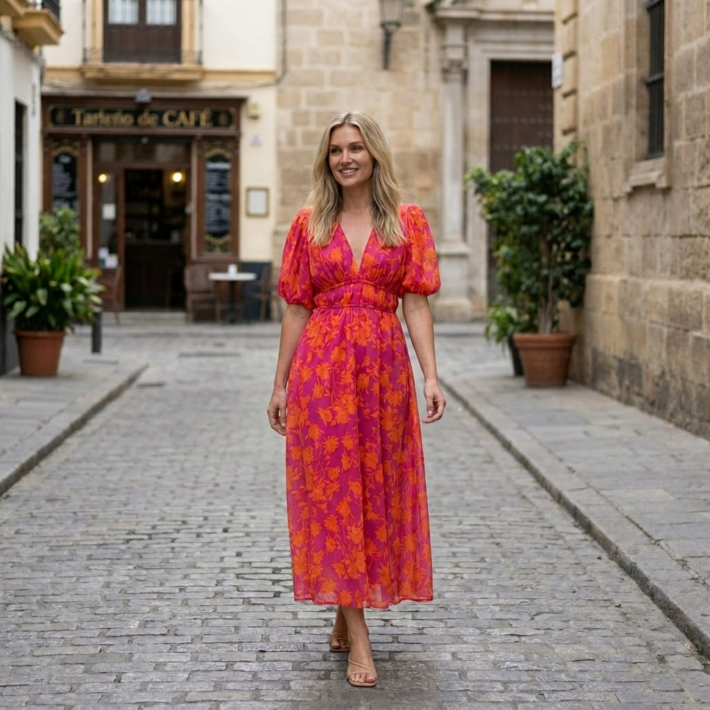 Vrouwen Maxi Jurk V-Hals Bloemenprint met Puff Mouwen