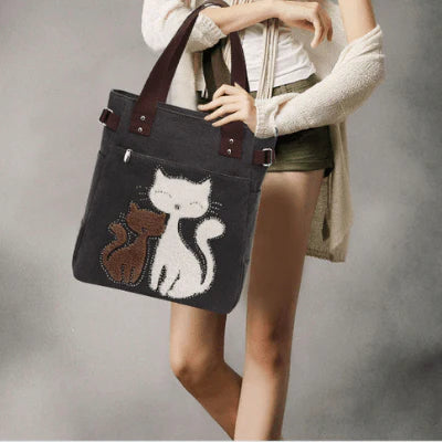 Kat Geborduurde Canvas Tas