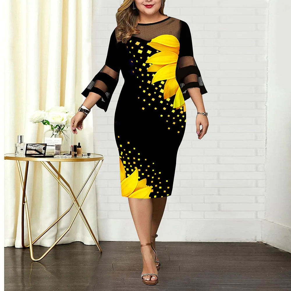 Plus Size Zonnebloem Print Vrijetijdskleding