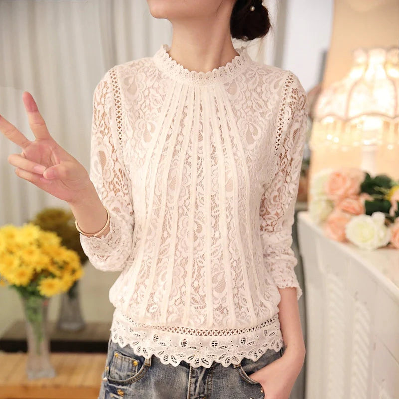 Lange Mouwen Chiffon Kant Gehaakte Topjes