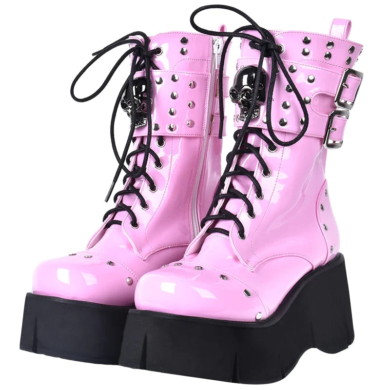 Roze Gothic Lace Up Platform Laarzen