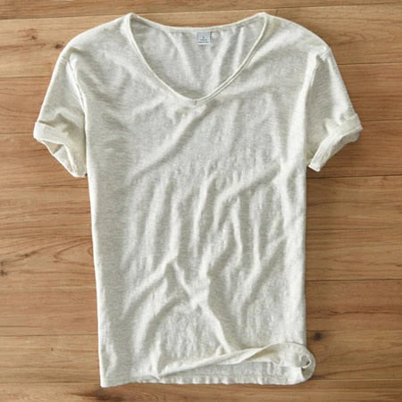 Mannen V-hals Linnen Katoenen Shirt
