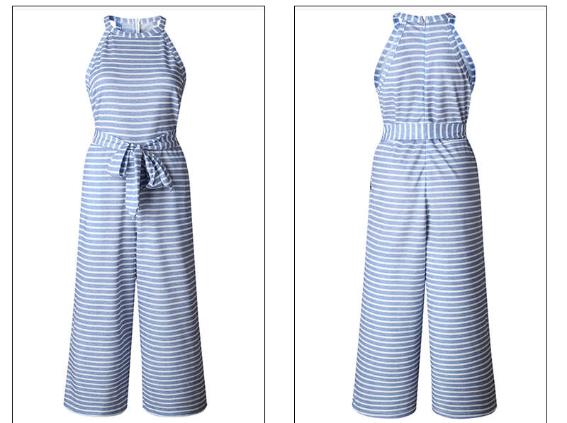Vrouwen Gestreepte Taille Gordel Wijde Pijpen Jumpsuit